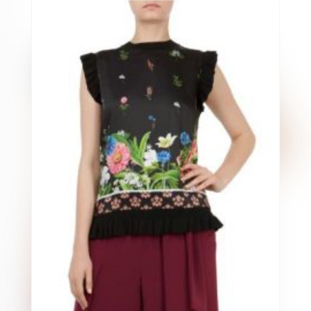 Ted Baker Myshell Florence Sleeves Ruffle Black Floral Top Size 8 (TB 3) - Picture 4 of 10